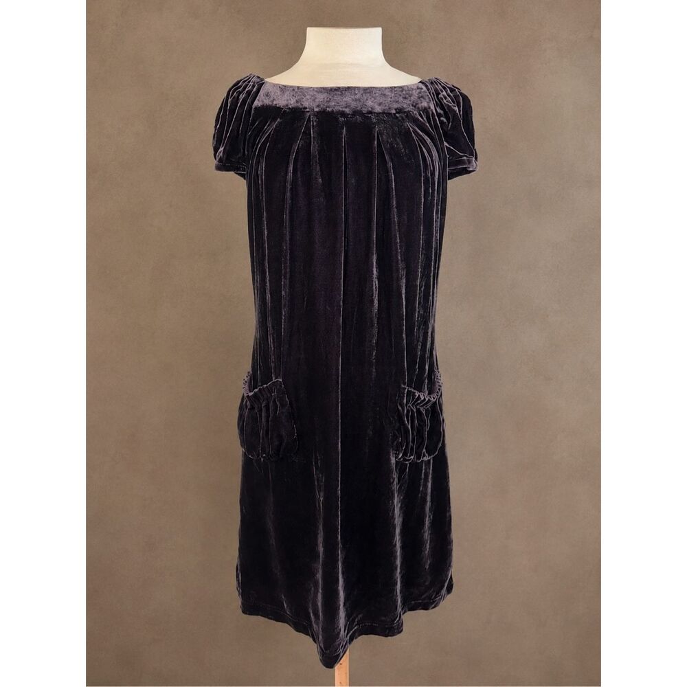 Oleg Cassini OC by OC Size 4 Purple Velvet Shift Dress Boat Neck Puff Sleeve Poc